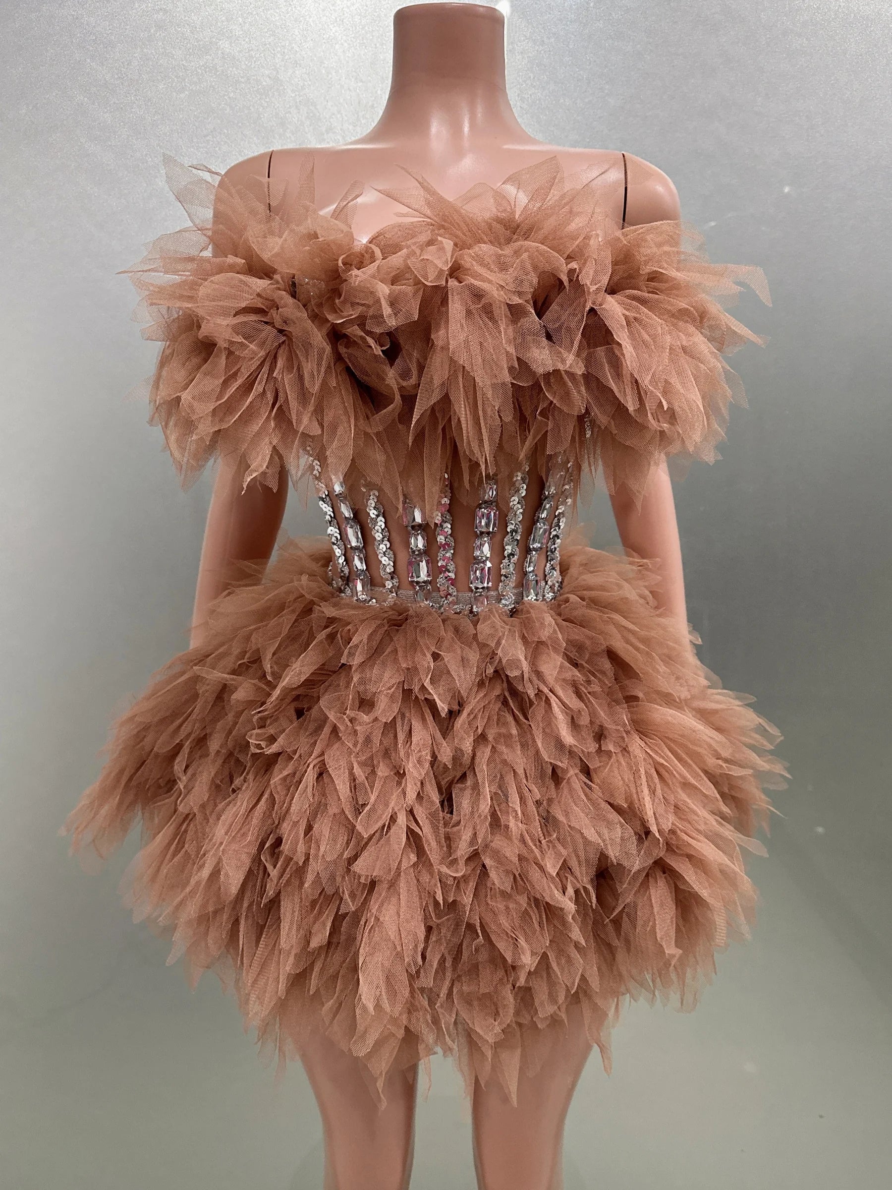Celebrity Nightlcub Party Birthday Photo Shoot Dress Women Sexy Strapless Mesh Ruffles 2 Pieces Ball Gown Mini Dress Brown