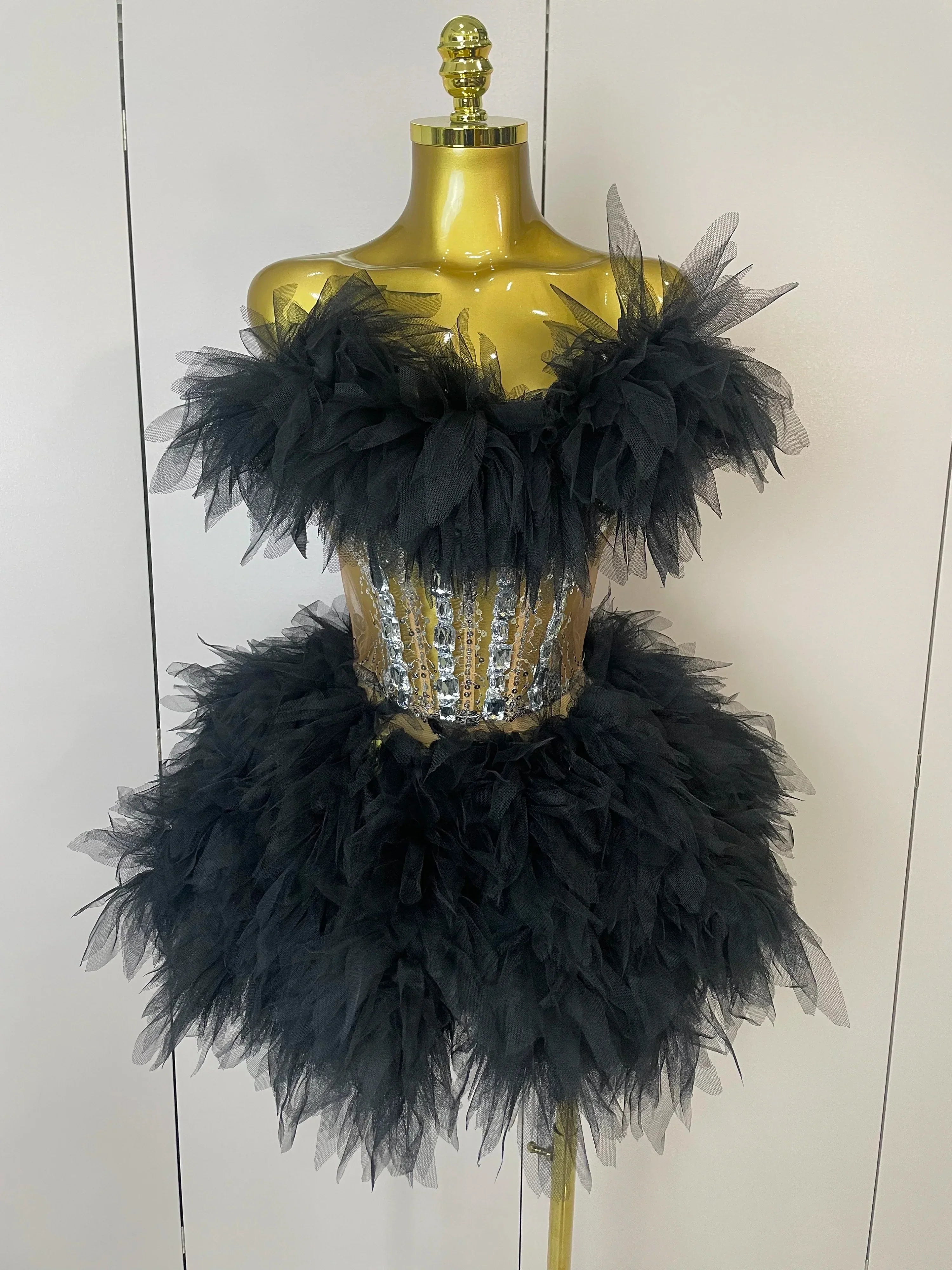 Women Sexy Backless Strap Mesh Fluffy Skirt 2 Pieces Diamond Sequins Stage Performance Costume Birthday Party Shooting Dress black