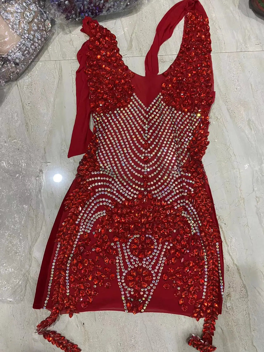 Women Sexy Halter Crystal Bodycon Mini Dress Celebrate Nightclub Party Performance Birthday Photo Shoot Dress Red