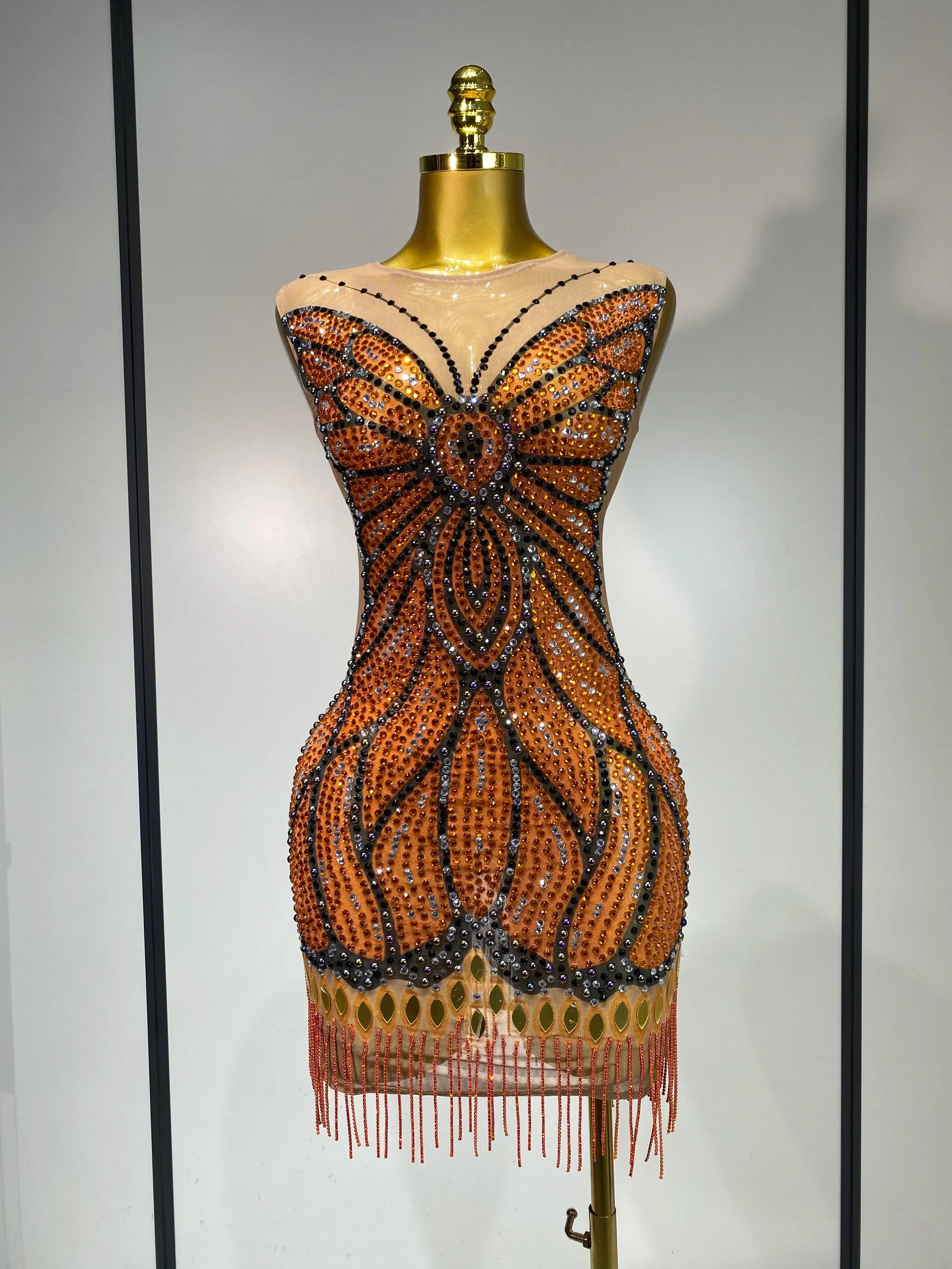 Luxury Rhinestones Mesh Long Dress Elegant Sexy Sleeveless Birthday Evening Party Gown Performance Singer Stage Outfit Orange