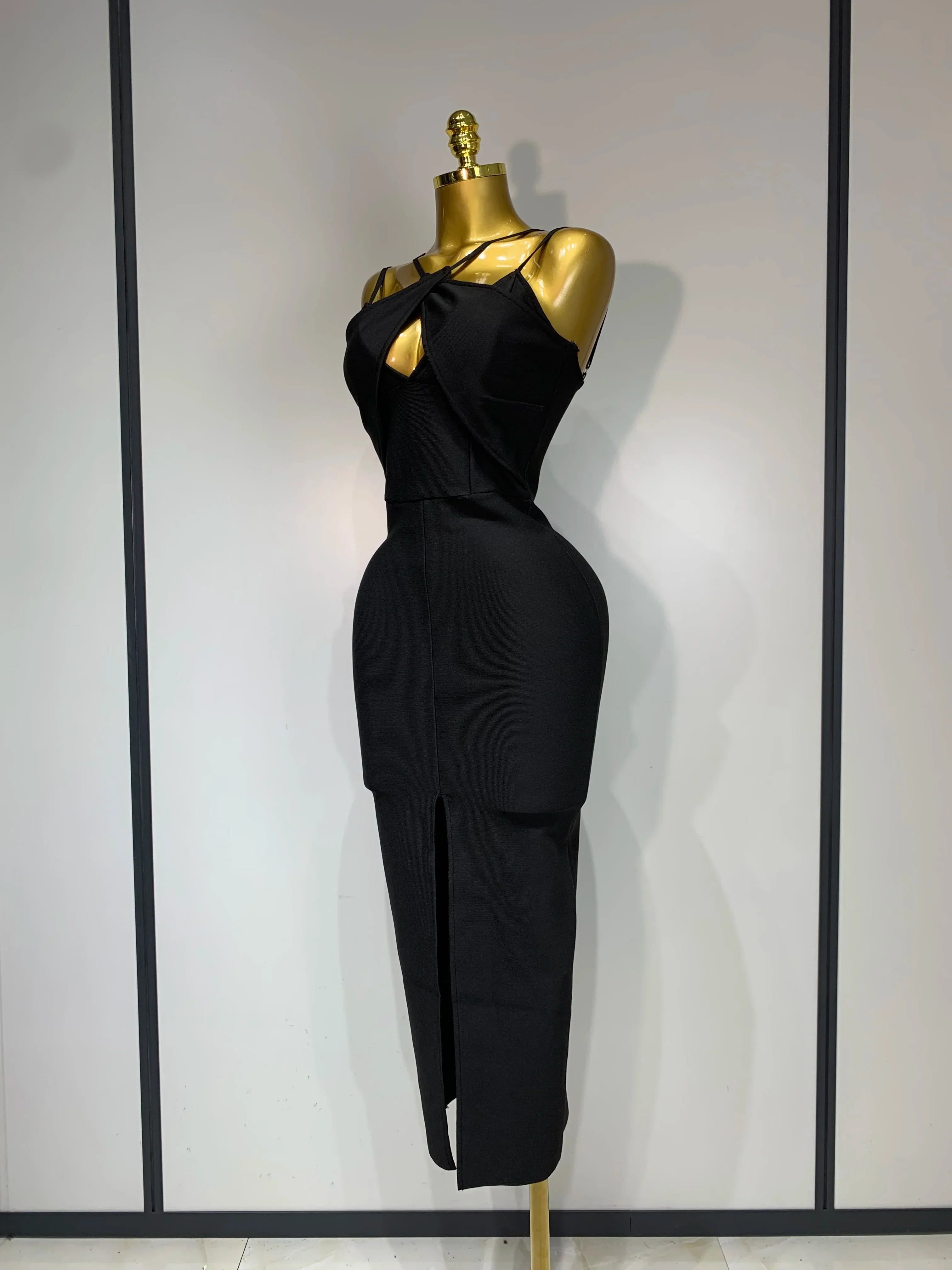 Women Sexy Sleeveless Hollow out Split Backless Black Midi Bandage Dress Celebrity Elegant Evening Cocktail Party Dresses