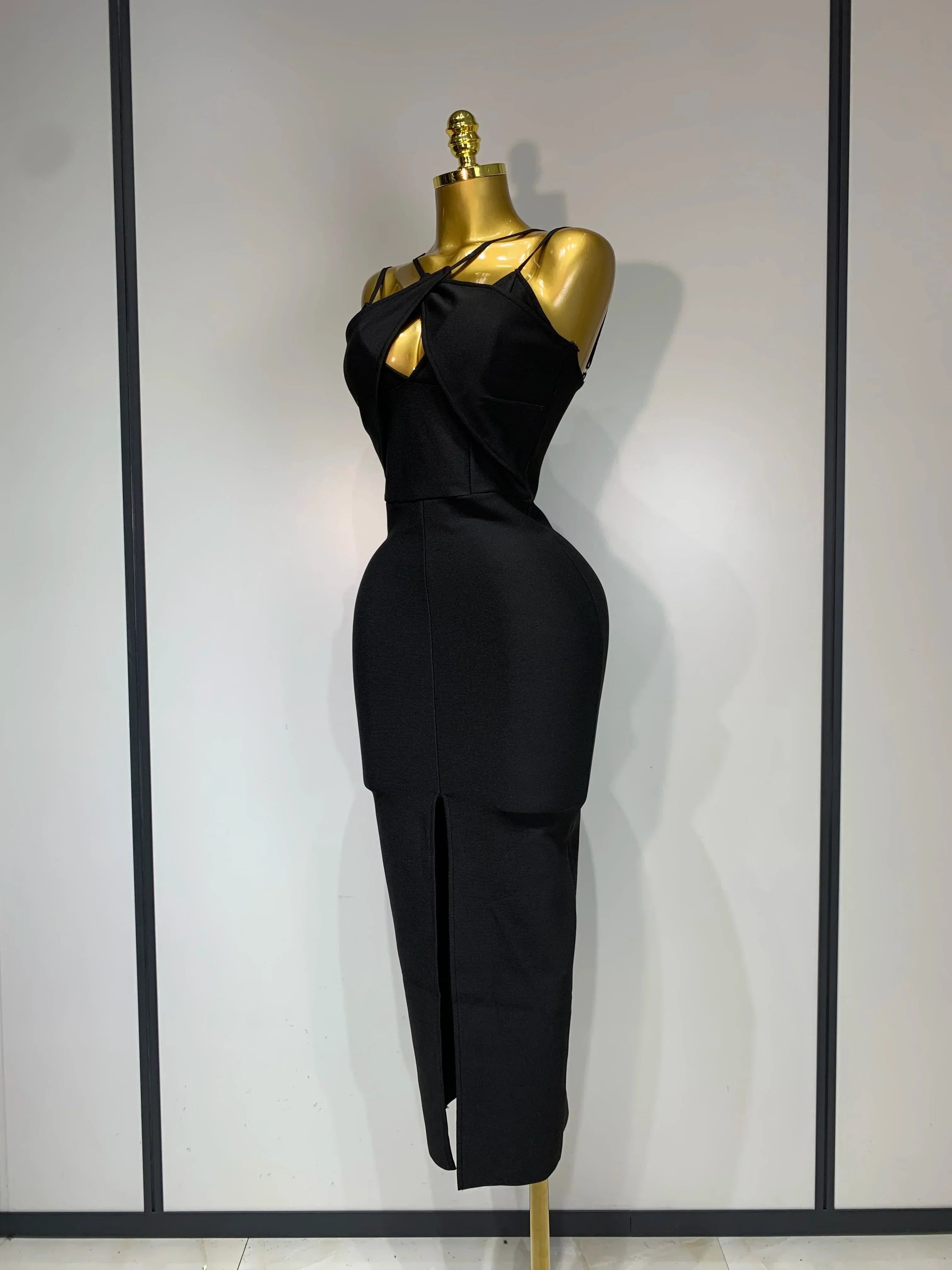 Women Sexy Sleeveless Hollow out Split Backless Black Midi Bandage Dress  Celebrity Elegant Evening Cocktail Party Dresses
