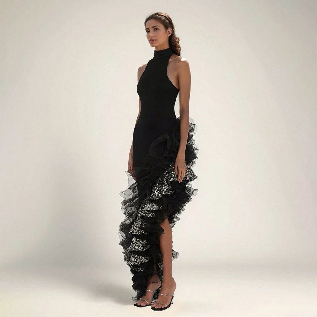 Women Sexy Off the Shoulder Shinning Ruffles Bodycon Bandage Long Dress Celebrate Fashion Evening Party Outfit