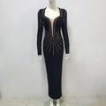 Women Long Sleeve Sexy Golden Rhinestones Bodycon Long Bandage Dress Nightclub Party Celebrate Fashion Dress black