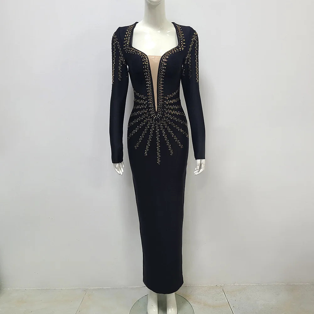 Women Long Sleeve Sexy Golden Rhinestones Bodycon Long Bandage Dress Nightclub Party Celebrate Fashion Dress black