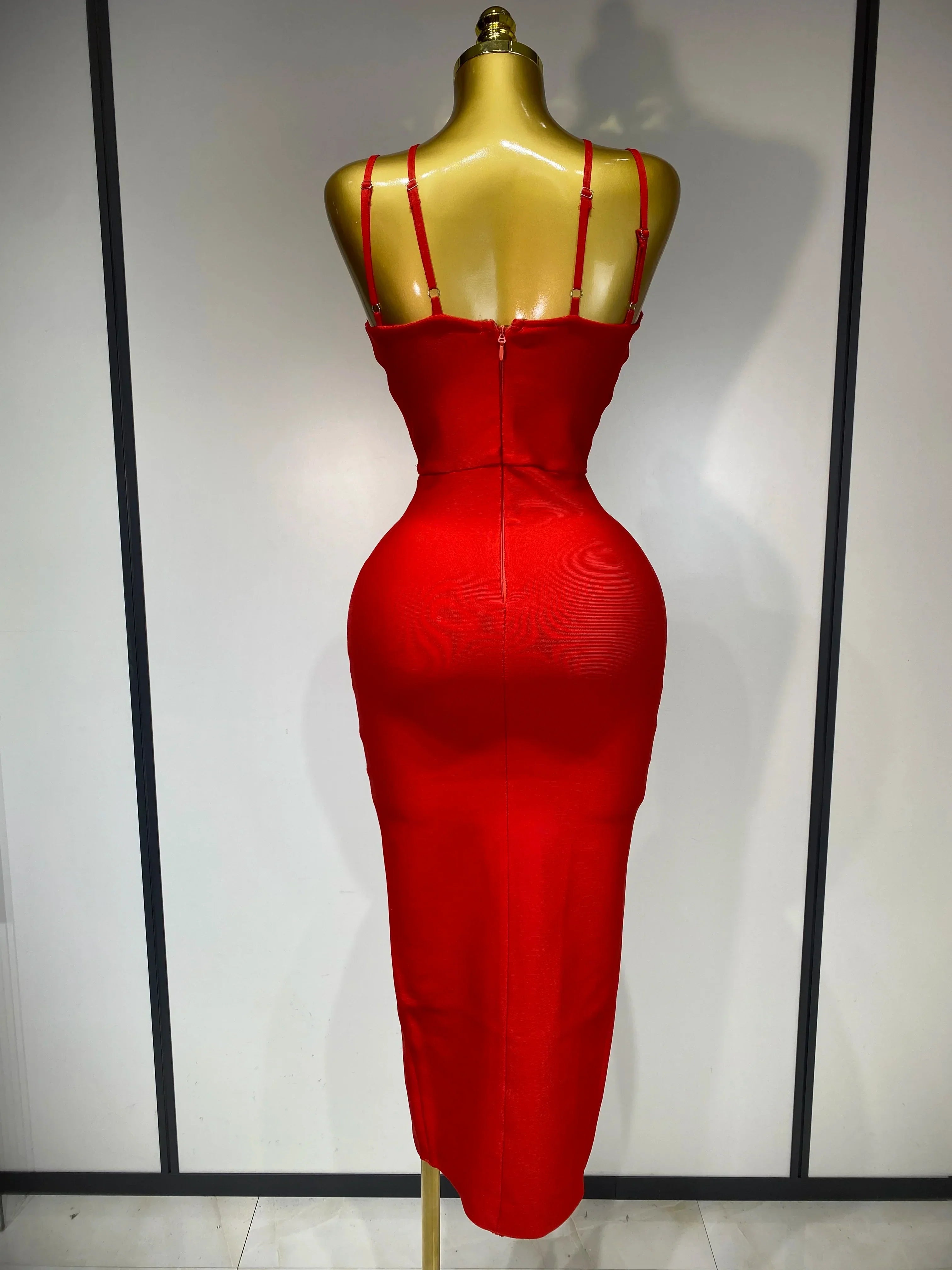 Women Sexy Sleeveless Hollow out Split Backless Red Midi Bandage Dress  Celebrity Elegant Evening Luxury Birthday Dresses