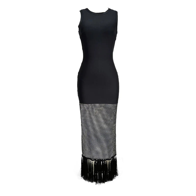 Women Sleeveless Sexy Shinning Rhinestones Tassels Bodycon Long Bandage Dress Nightclub Party Bar Singer Celebrate Stage Wear