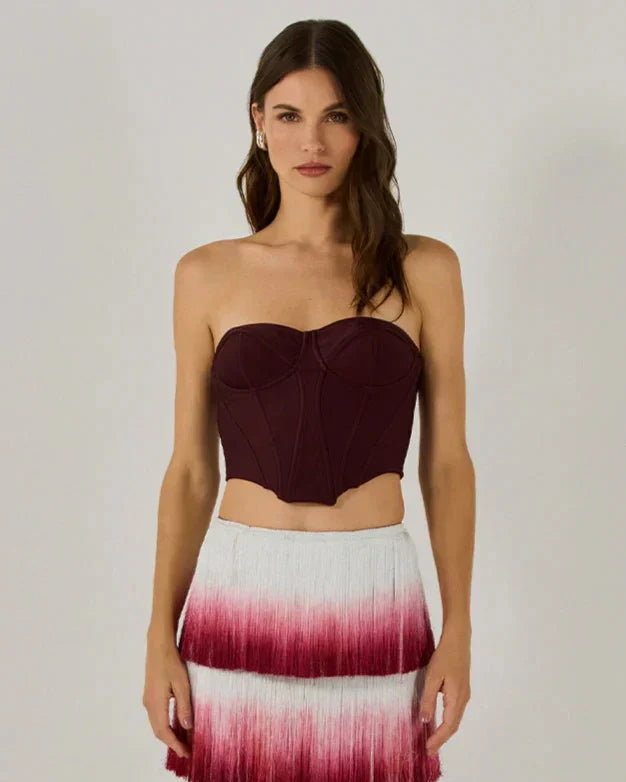 Women Sexy Strapless Gradient Tasseles Strapless 2 Pieces Bodycon Bandage Long Dress Celebrate Birthday Party Outfit Claret