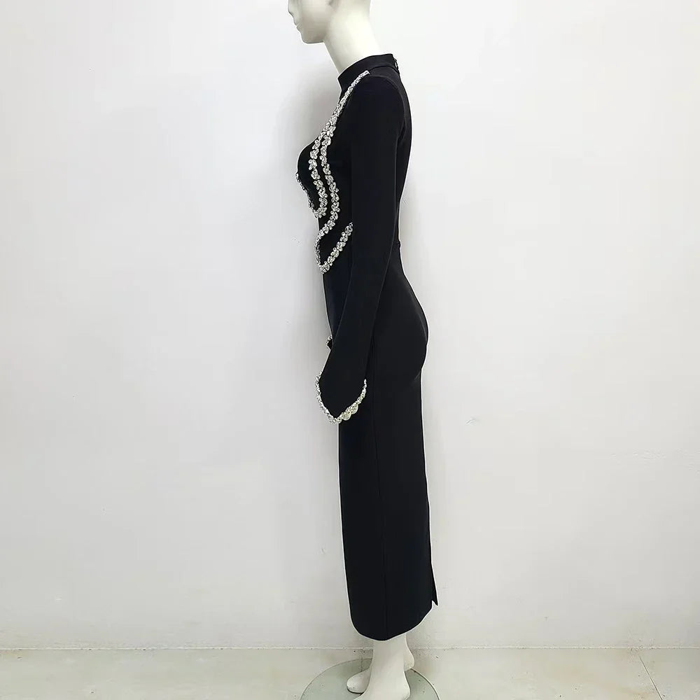 Women Long Sleeve Sexy Shinning Crystal Bodycon Long Bandage Dress Celebrate Evening Party Nightclub Outfit Wear