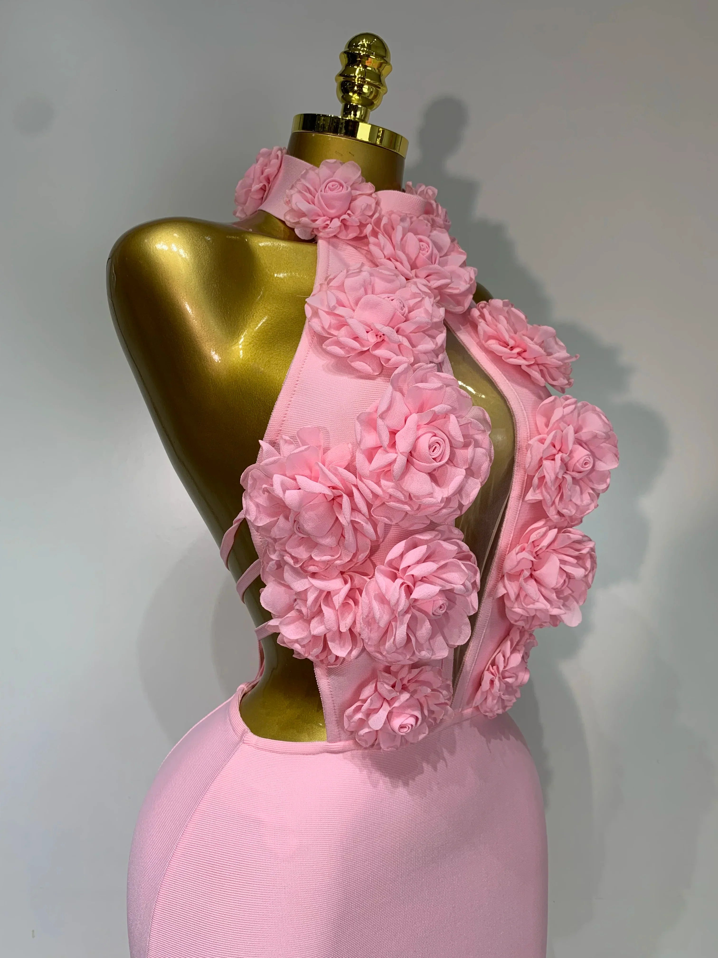 Luxury Birthday Dress Women Celebrity Sexy Halter Backless Flower Long Bandage Bodycon Dress Elegant Evening Party Outfit ﻿