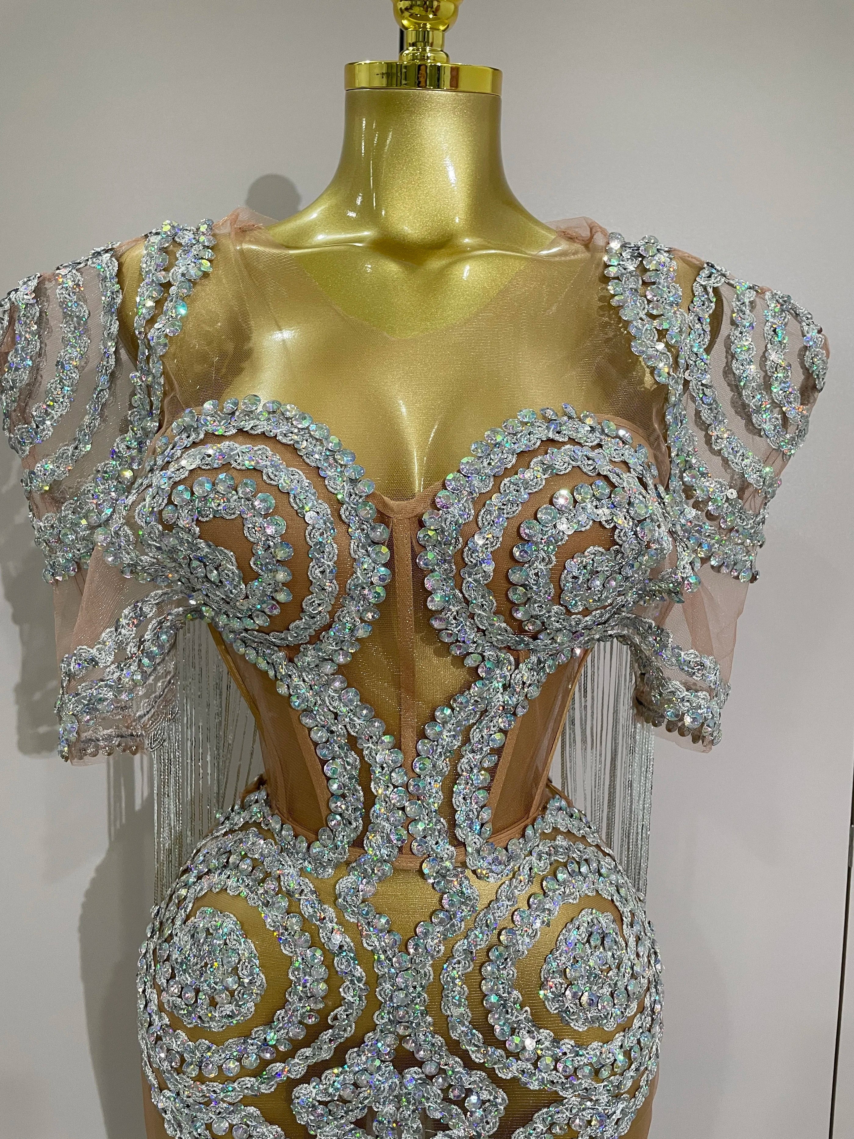 Sparkly Rhinestones Sequins Sexy Mesh Tassels Cape Short Dress  Women Evening Birthday Party Nightclub Stage Costume