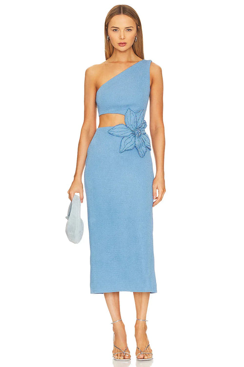 Blue Color Beading Flower Sexy One Shoulder Expose waist Mid Calf Bandage Dress Elegant Woman Evening Dress Cocktai Party Outfit