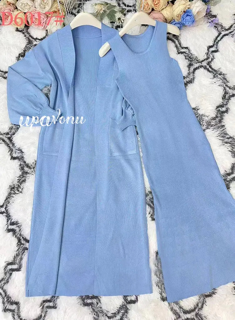 Casual Solid Knitted Sweater Long Dress Set Women Long Sleeve Loose Long Cardigan Coat&Sleeveless Mid length Dress Two Piece Set SKY BLUE