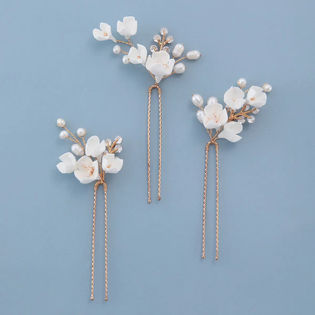 Bridal Jewelry Porcelain Flower Hair Pin Clip Freshwater Pearl Head Piece Brides Vintage Gold Color Hairpin Wedding Accessories