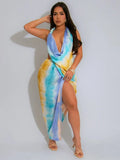 Tie Dye Halter Deep VNeck Backless Midi Dress