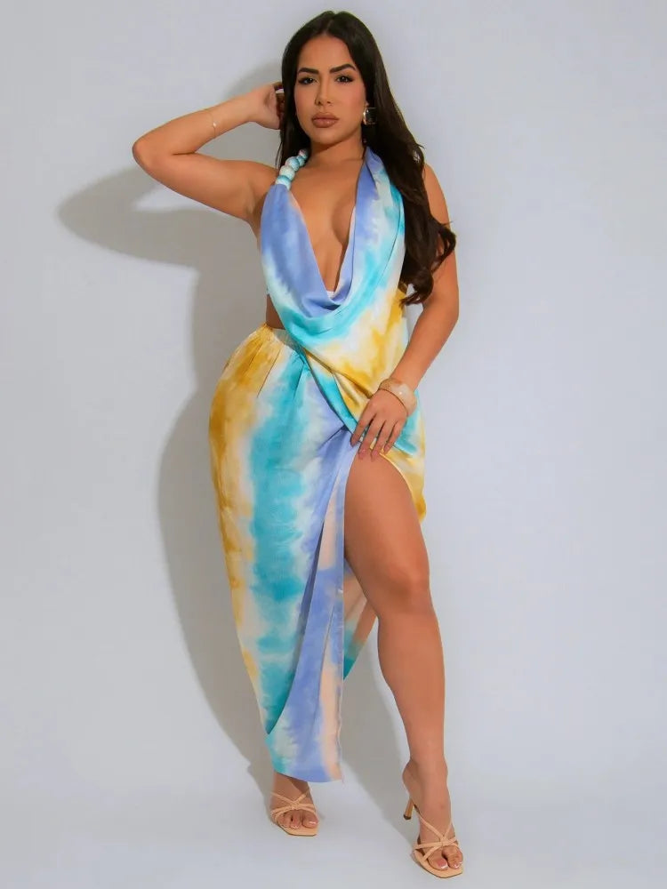 Tie Dye Halter Deep VNeck Backless Midi Dress