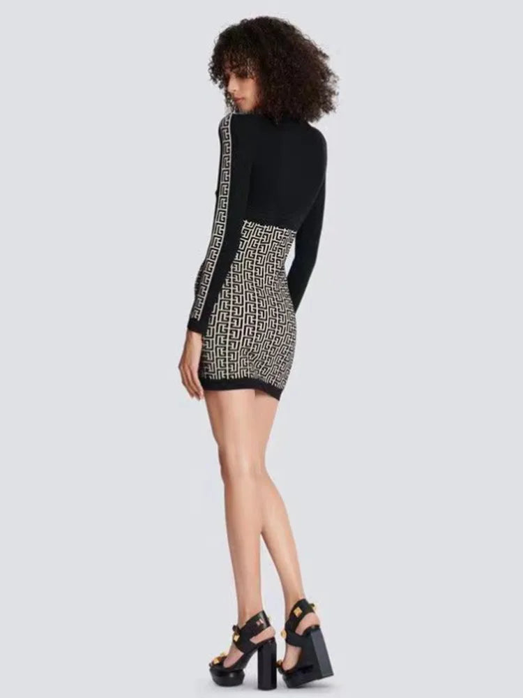 Black Color Women Long Sleeve Sexy Front Zipper Bodycon Mini Dress Rayon Bandage Fashion Runway Show Evening Dress