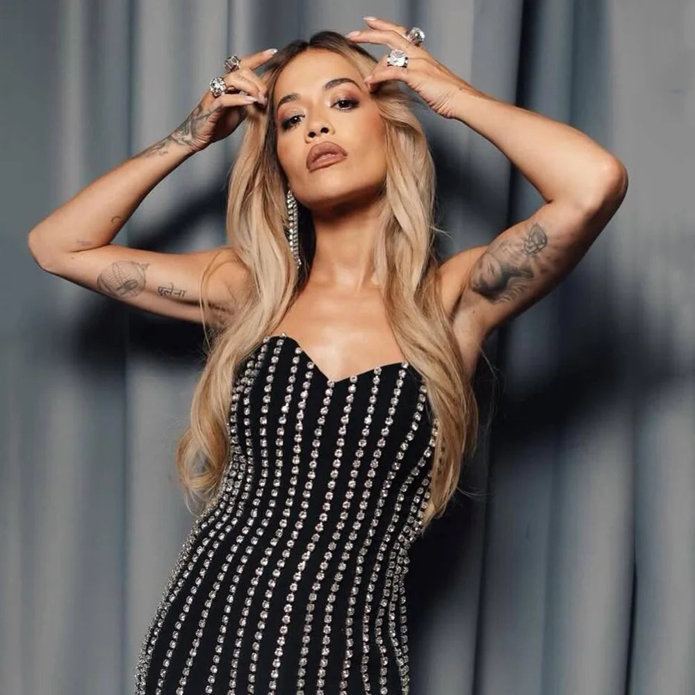 Women Sexy Strapless Shinning Diamond Bodycon Mini Bandage Dress Nightclub Party Celebrate Birthday Outfit black