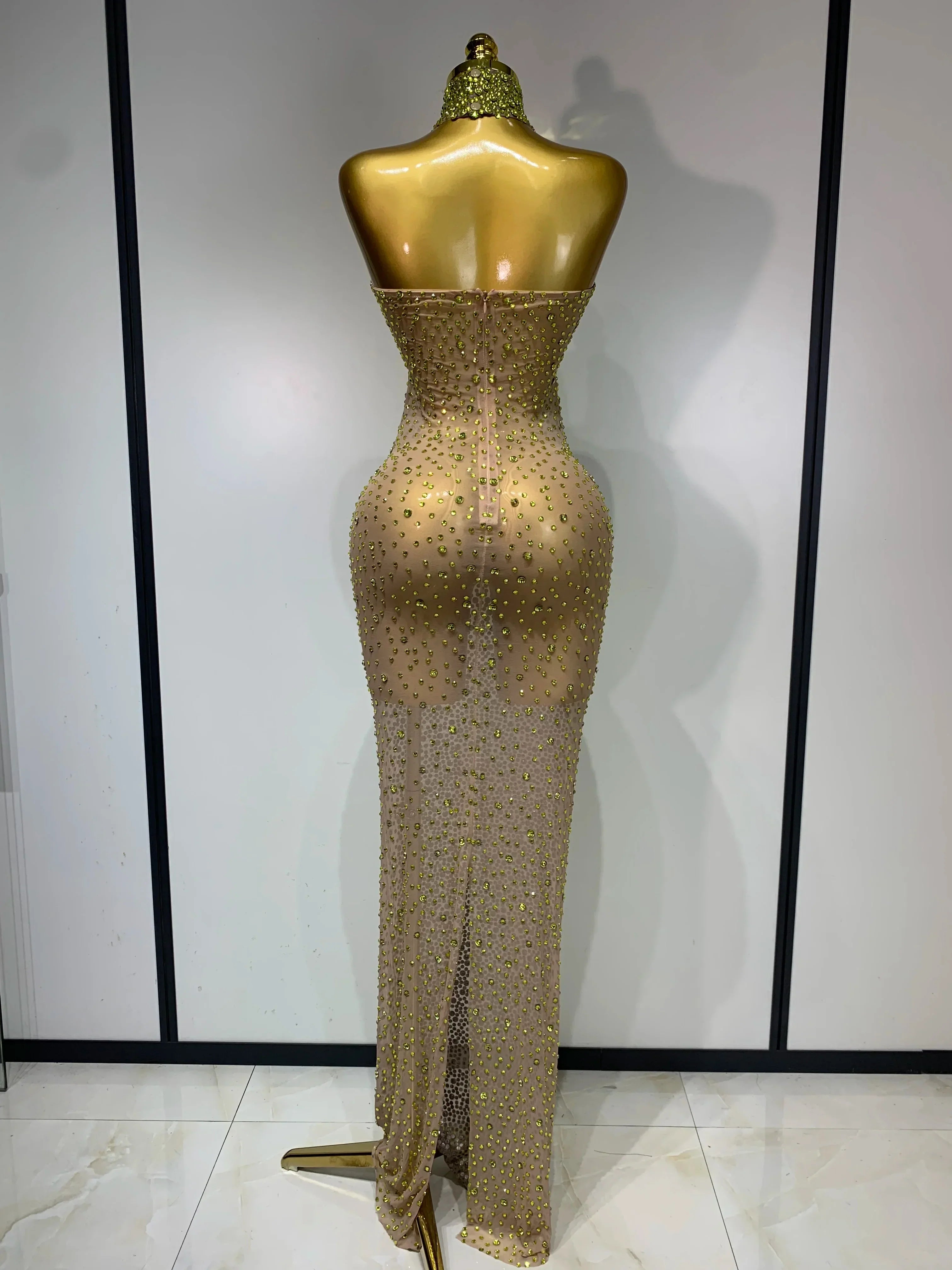 Women Luxury Birthday Celebrate Dress Dancer Party Show Stage Outfit  Sparkly Rhinestone Elastic Mesh See Through Long Dress