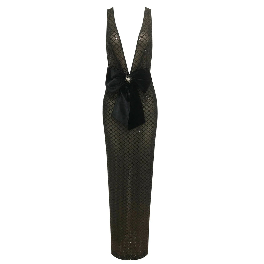 Black Bows Shining Sequin Sexy V-Neck Sleeveless Mesh See Through Long Dress Fashion Woman Evening Dress Celebrity Party Outfit