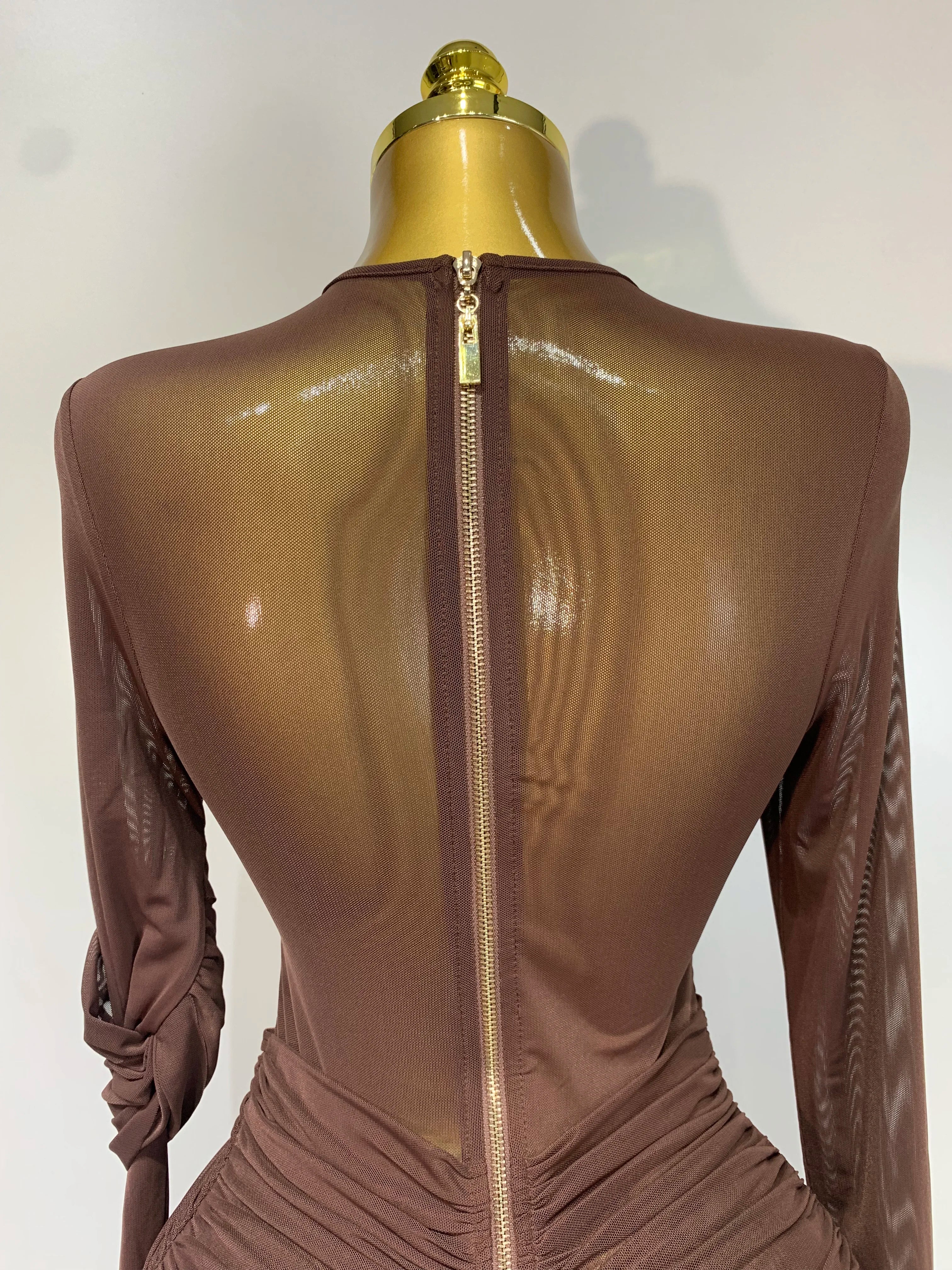 Elegant Brown Mesh Fold Long Sleeve Bodycon Dress Women  Evening Party Club Sexy Perspective Fashion Luxury Birthday Dresses