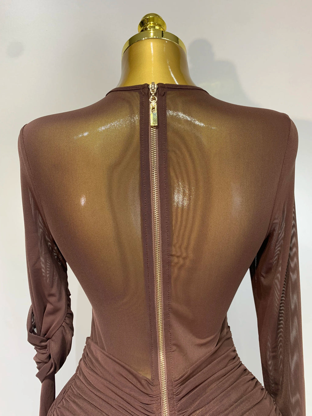 Elegant Brown Mesh Fold Long Sleeve Bodycon Dress Women Evening Party Club Sexy Perspective Fashion Luxury Birthday Dresses