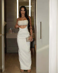 Women Sleeveless Sexy Strap Square Collar Bodycon Long Bandage Dress Celebrate Evening Party Nightclub Outfit WHITE