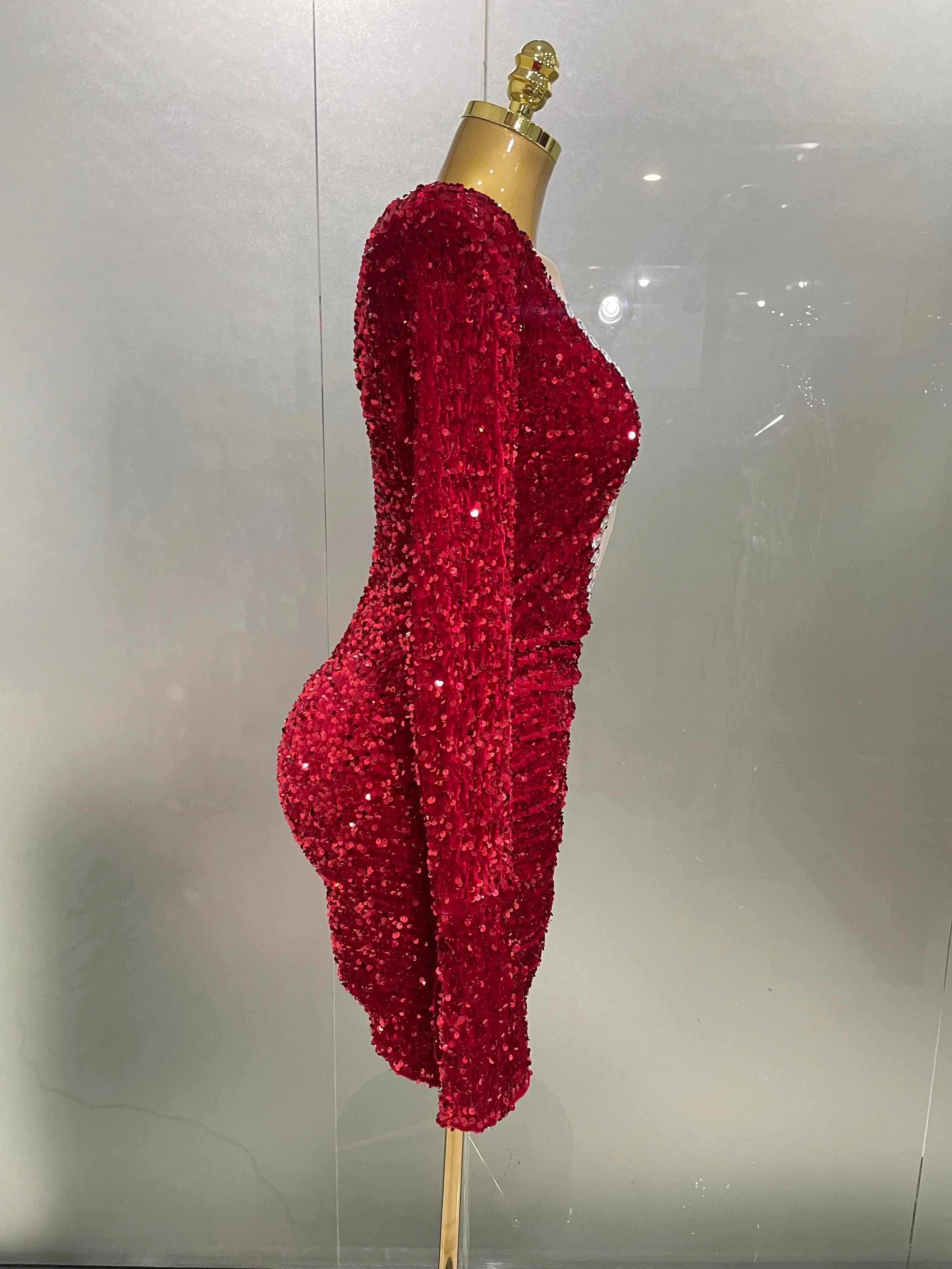 Sexy Shiny Red Sequins Rhinestones Sheath Mini Dress  Women Evening Birthday Party Nightclub Stage Performance Costume