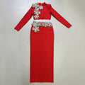 Women Long Sleeve Diamond Florals Bodycon 2 Pieces Mini Bandage Dress Celebrate Nightclub Party Birthday Dress Red