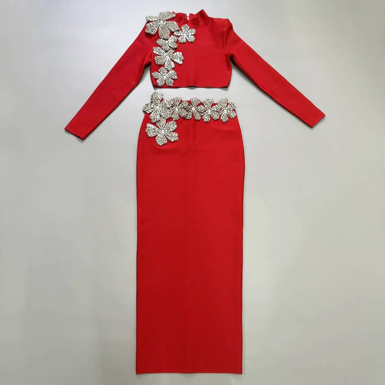 Women Long Sleeve Diamond Florals Bodycon 2 Pieces Mini Bandage Dress Celebrate Nightclub Party Birthday Dress Red