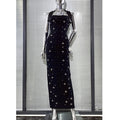 Luxury Shining Diamond Pearl Beading Halter Ankle Length Bandage Dress Elegant Woman Evening Party Vestido Birthday Party Outfit black
