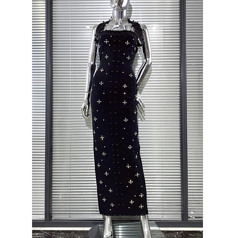 Luxury Shining Diamond Pearl Beading Halter Ankle Length Bandage Dress Elegant Woman Evening Party Vestido Birthday Party Outfit black