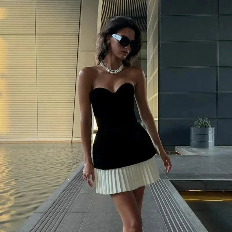 Sexy Strapless Velvet Patchwork Pleated Mini Dress Women Elegant Off Shoulder Backless Slim Vestidos Evening Party Gown