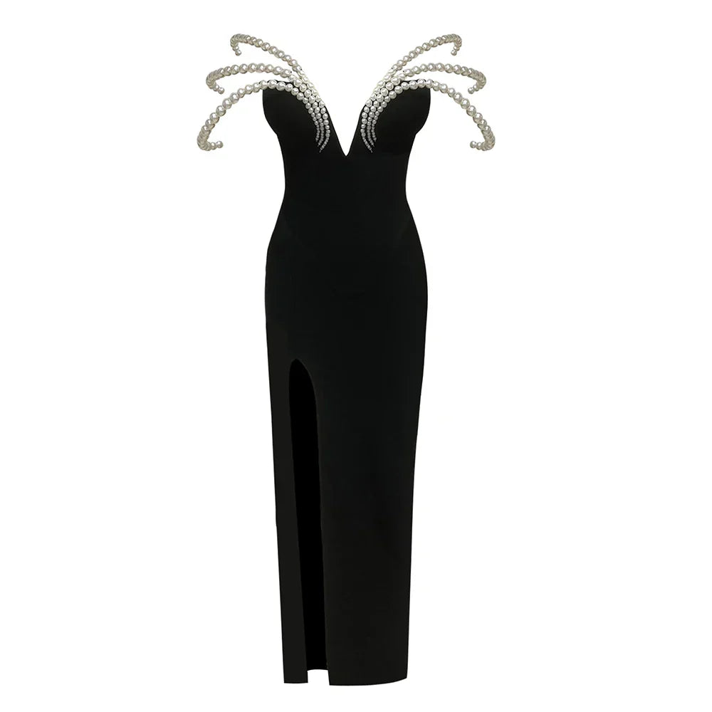 Women Sexy Black Pearl bead Maxi Long Bodycon Bandage Dress Celebrity Elegant Evening Club Party Luxury Birthday Gowns black