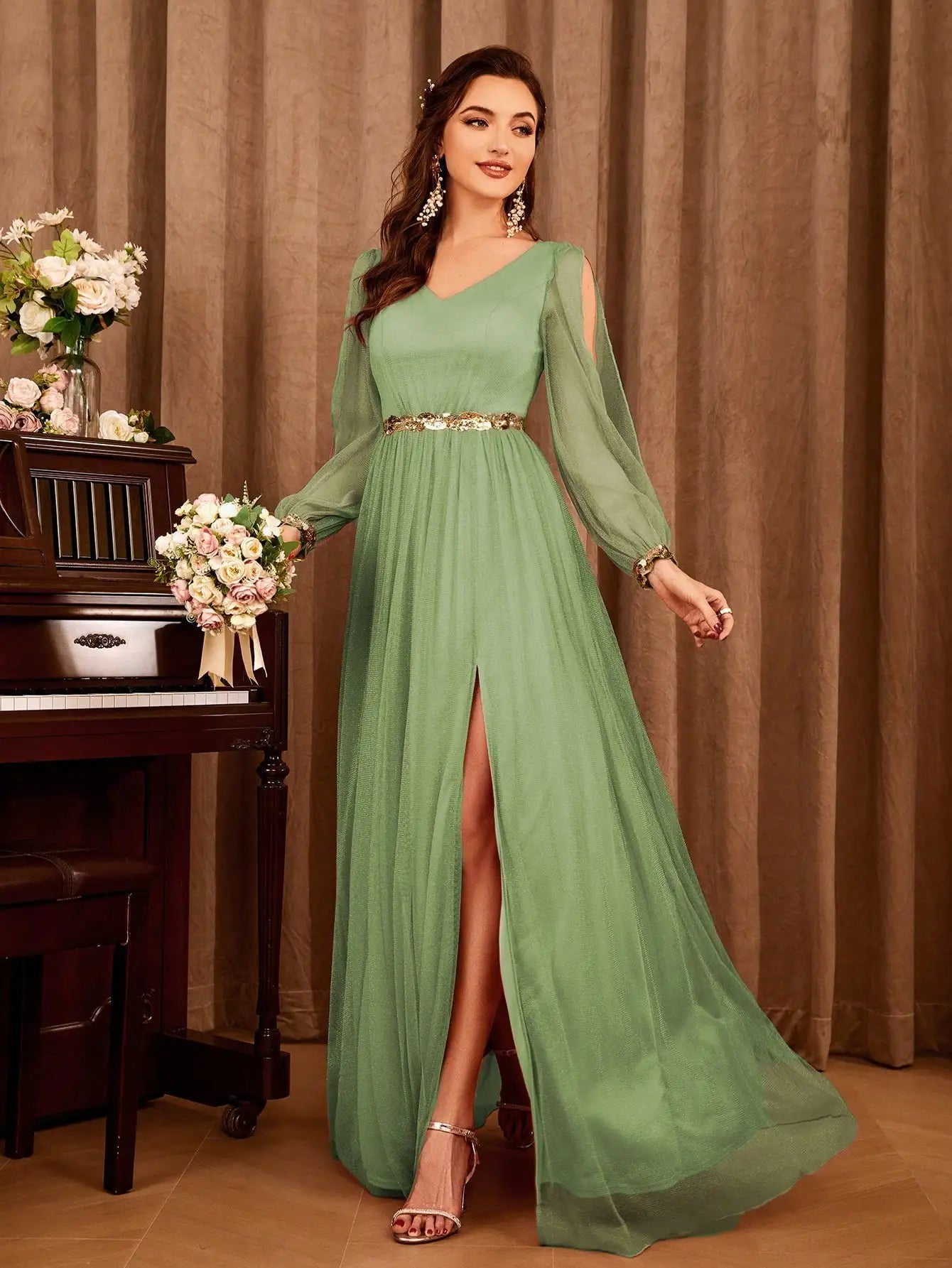 Gauze Applique Slit Vneck Maxi Dress
