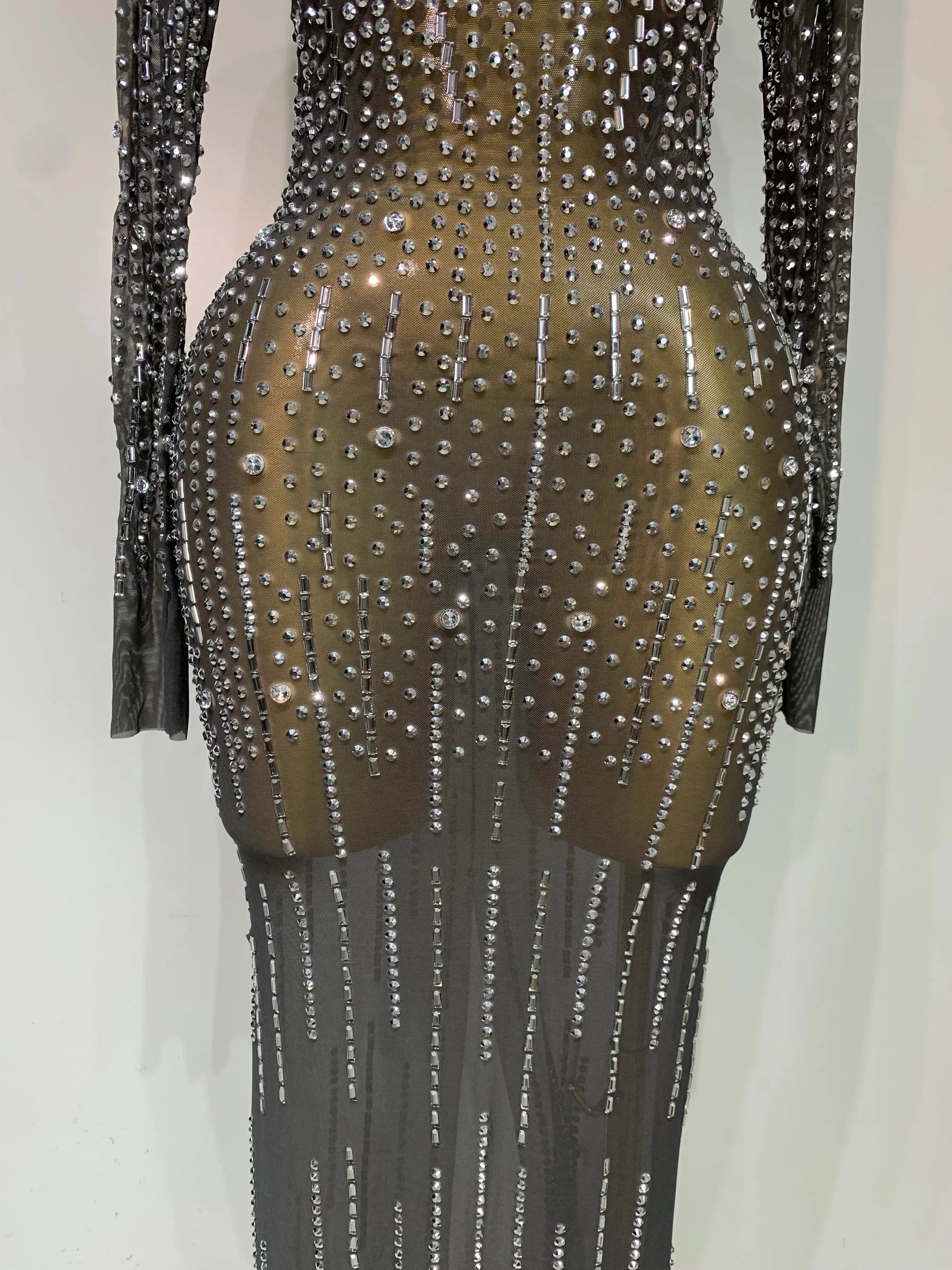 Women Sexy Long Sleeve Mesh See Through Dress  Elegant Evening Party Luxury Birthday Club Rhinestone Performance Costume
