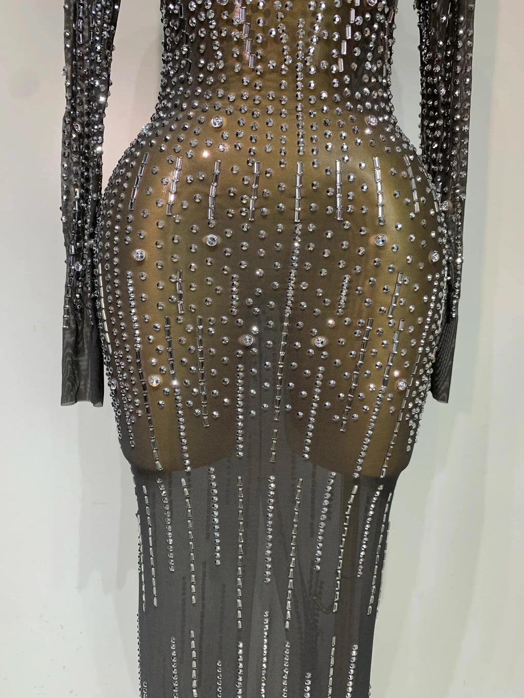 Women Sexy Long Sleeve Mesh See Through Dress  Elegant Evening Party Luxury Birthday Club Rhinestone Performance Costume