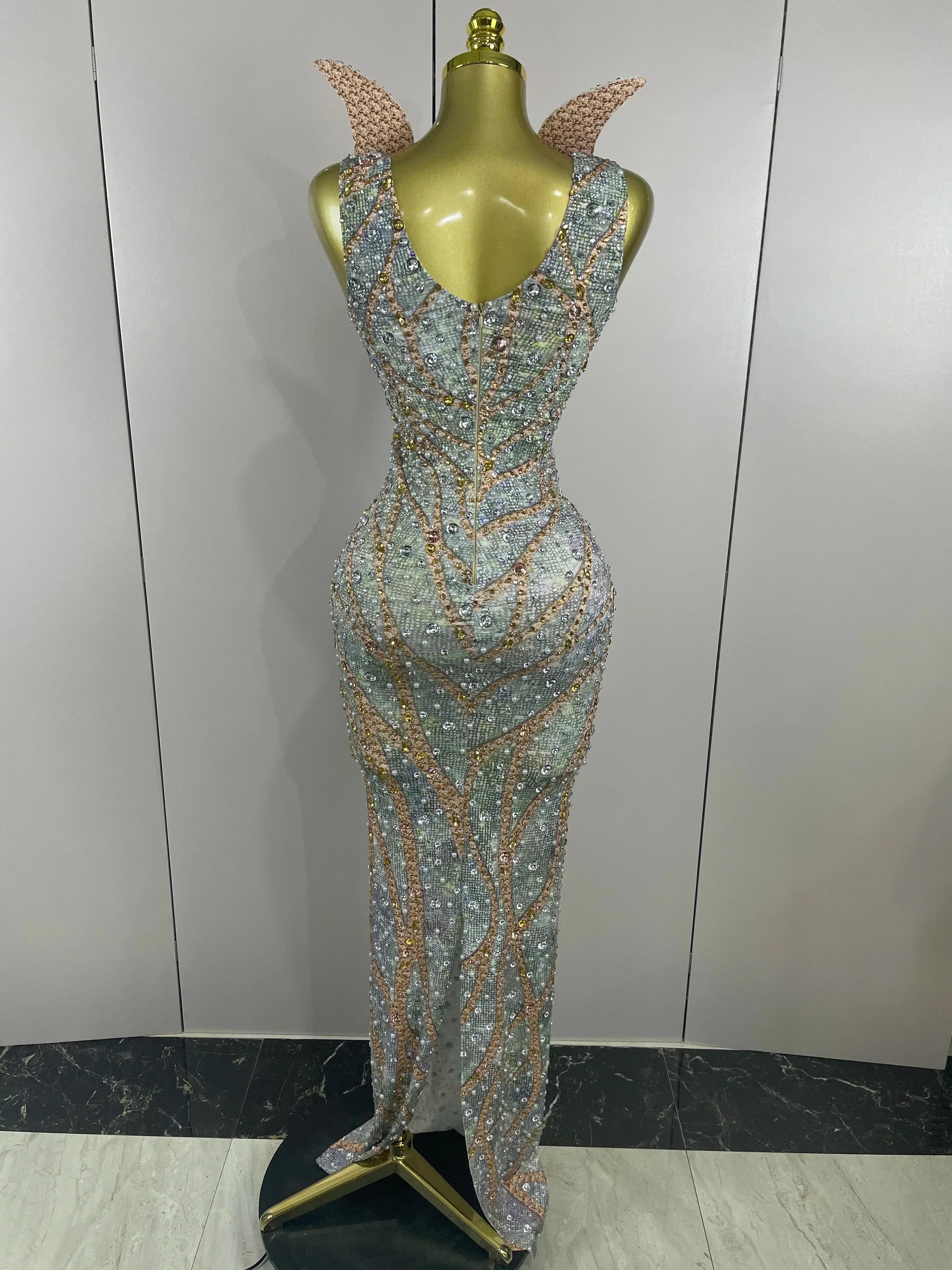 Luxury Crystals Diamonds Slit elegant Sheath Fishtail Dress Women Sexy Evening Party Performance Photoshoot Stage Dress