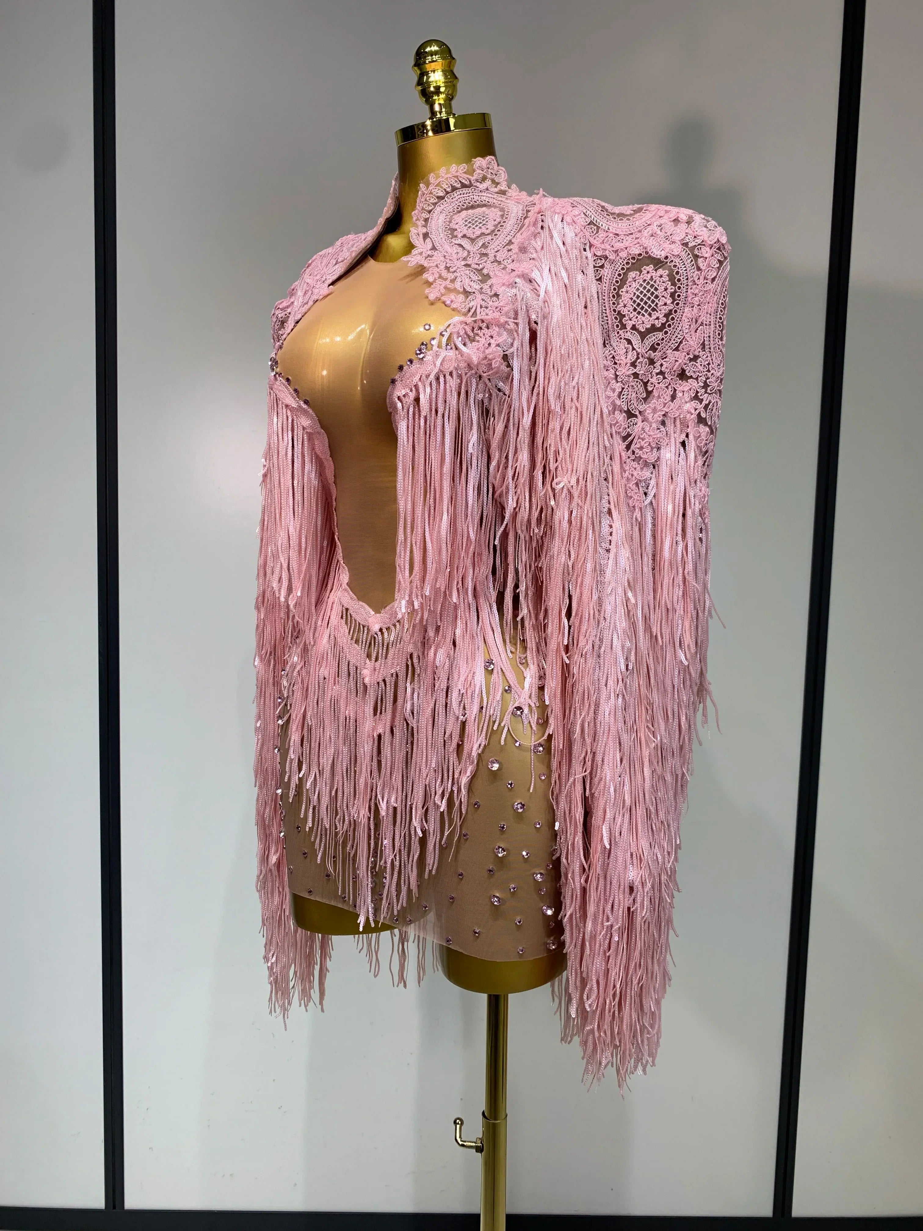 Women Sexy Transparent Long Sleeve Bodycon Dress Two Piece Set Luxury Sequin Fringes Evening Party Celebrity Performance Costume