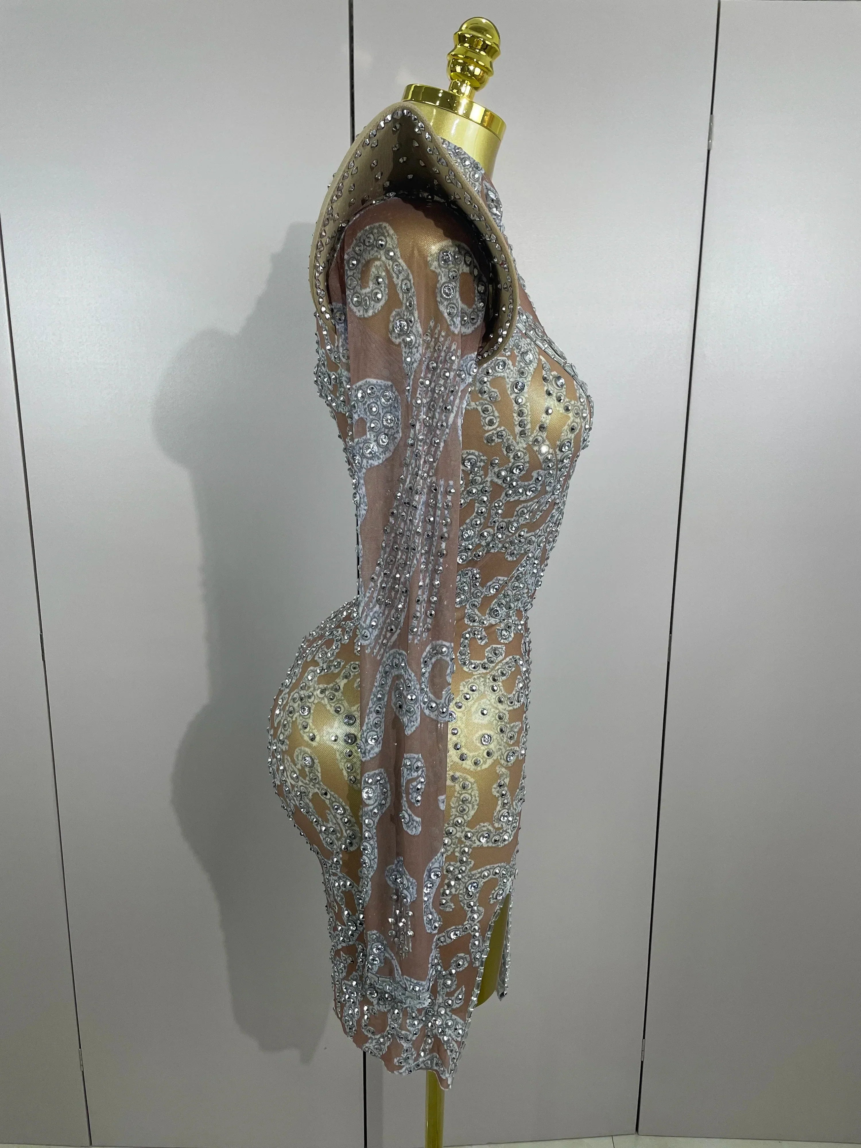 Sexy Singer Stage Drag Queen Costume  Women Shiny Rhinestones Transparent Short Dress Birthday Celebrate Photoshoot Dress