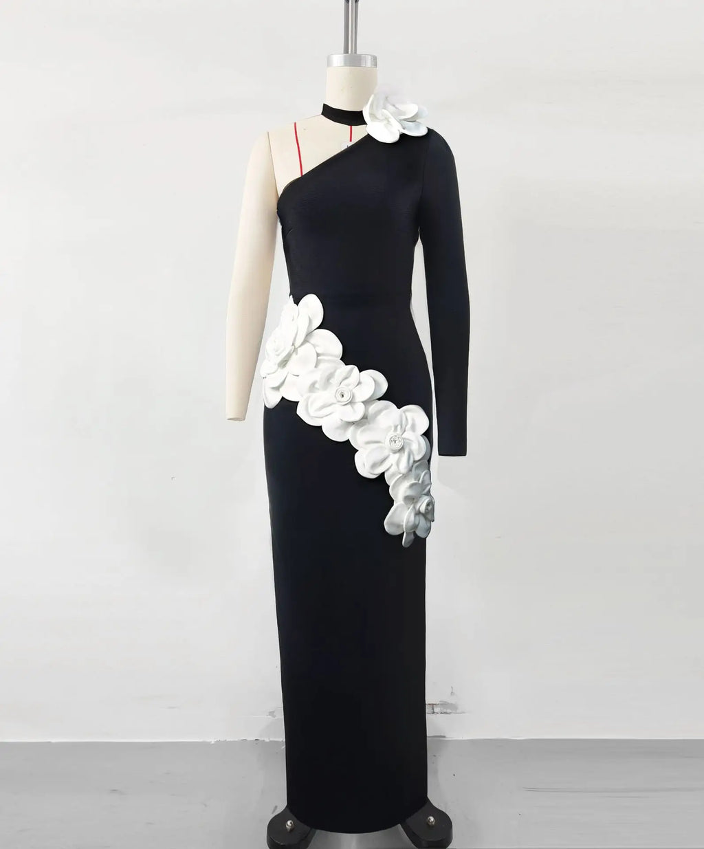Black Color Women Sexy Long Sleeve One Shoulder White Florals Bodycon Long Bandage Dress Celebrate Evening Party Birthday Wear