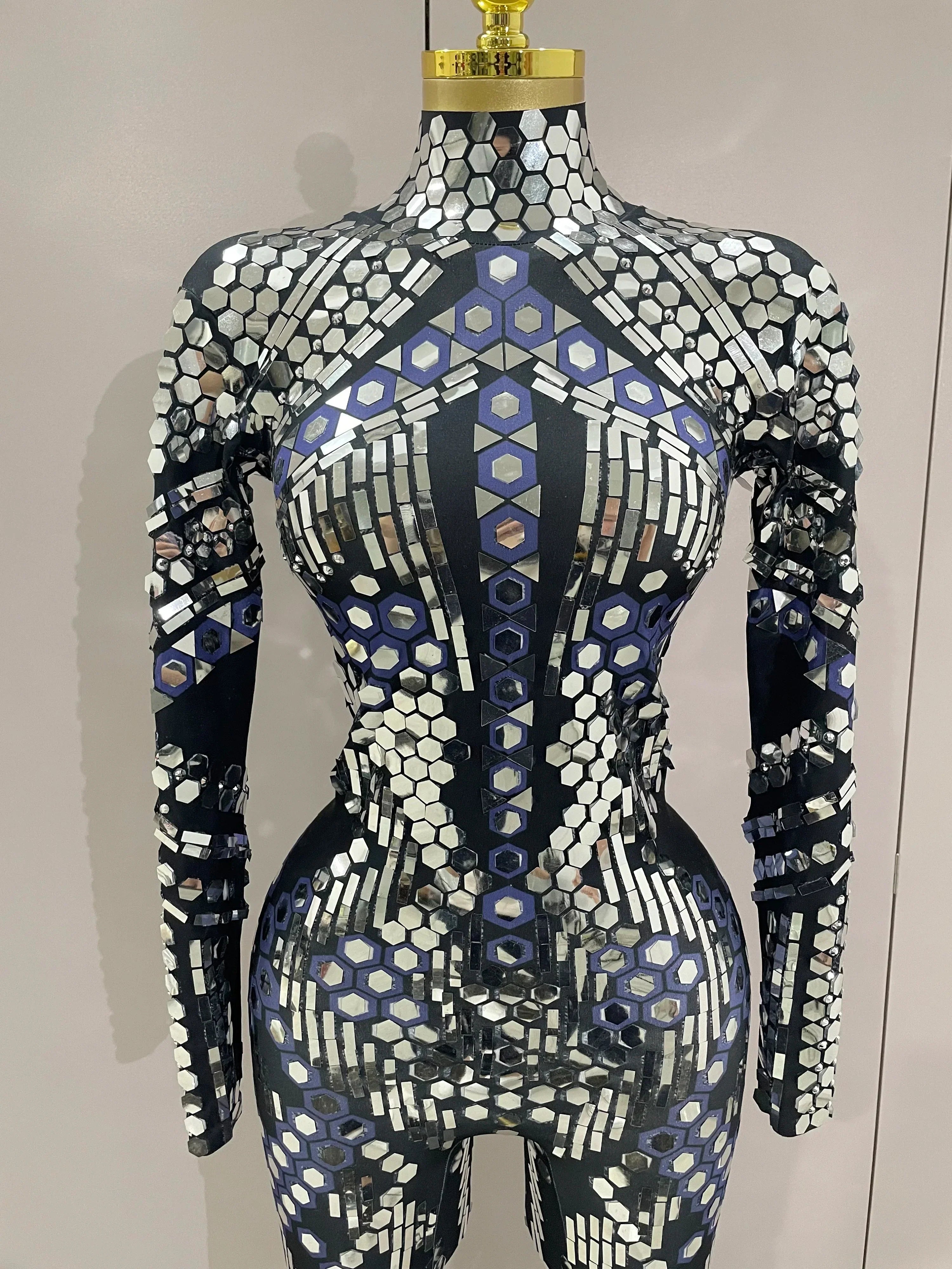 Sexy Shiny Silver Sequins Mirror Black Spandex Jumpsuit  Women Prom Dancer Singer Costume Evening Birthday Show Stage Outfit