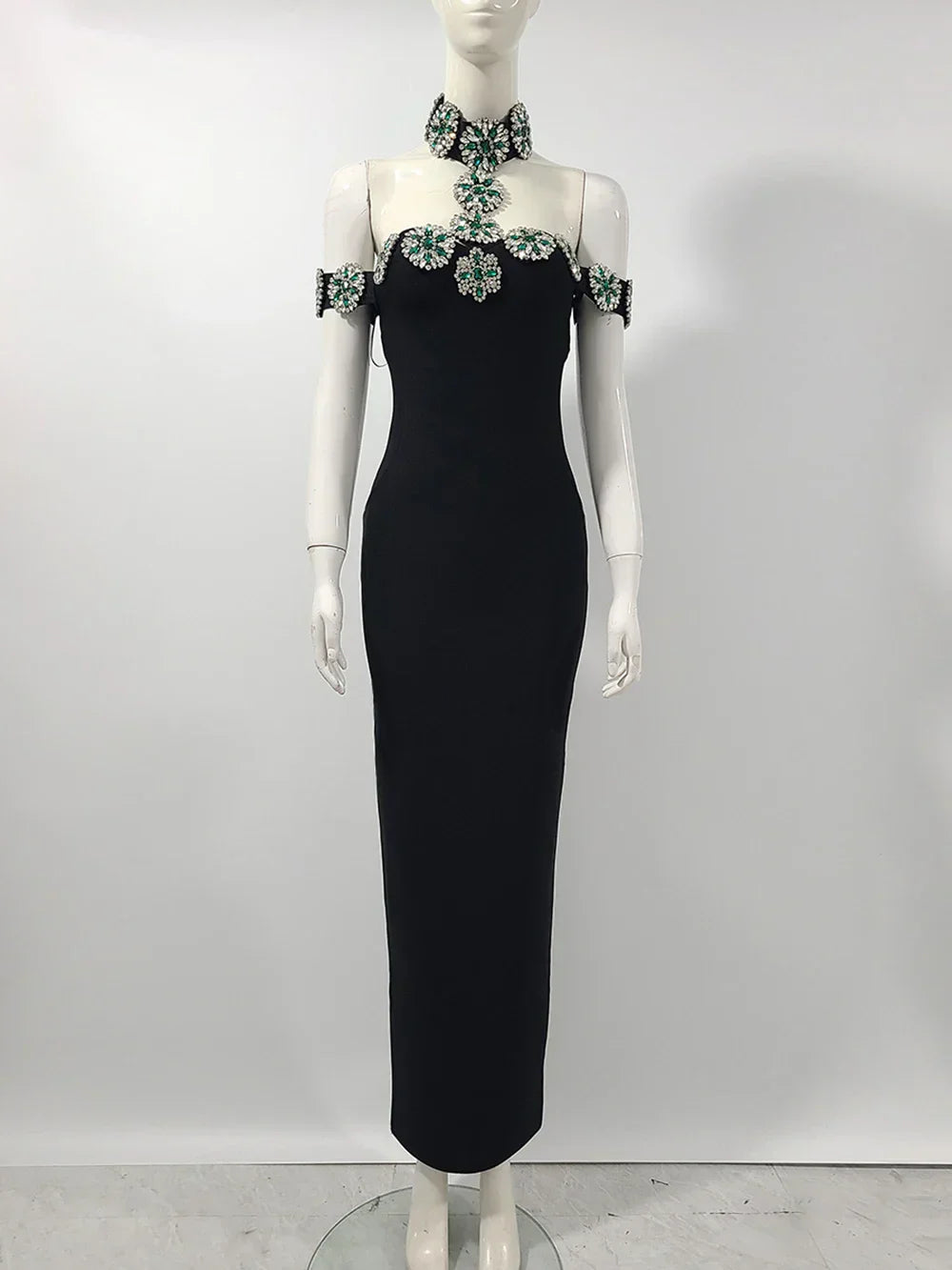 Sexy Women Light Luxury Nail Bead Bandage Dress Hanging Neck Shoulder Short Sleeve Bodycon Long Dress Evening Party Vestido black