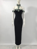 Sexy Women Light Luxury Nail Bead Bandage Dress Hanging Neck Shoulder Short Sleeve Bodycon Long Dress Evening Party Vestido black