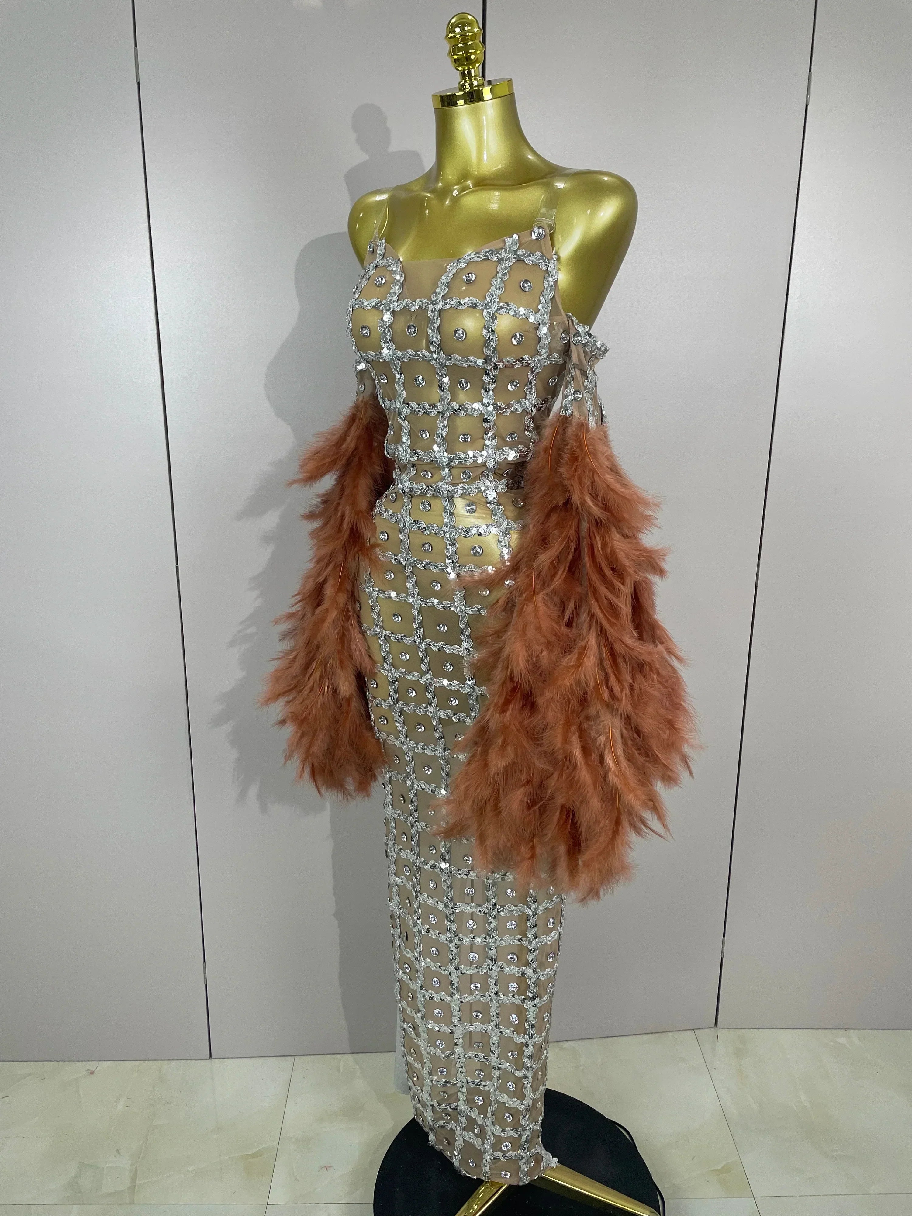 Luxury Sparkling Diamond Feather Mesh Tight Sexy Mesh Long Dress  Women Birthday Party Nightclub Stage Performance Costume