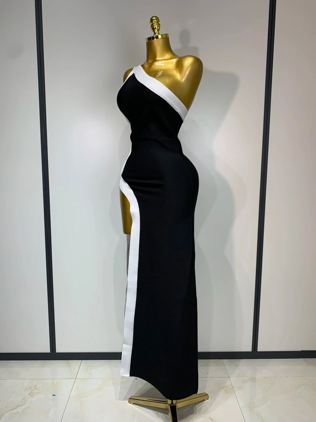 Women Sexy One Shoulder Split Black White Patchwork Bandage Bodycon Dress Celebrity Elegant Evening Party Birthday Outfit