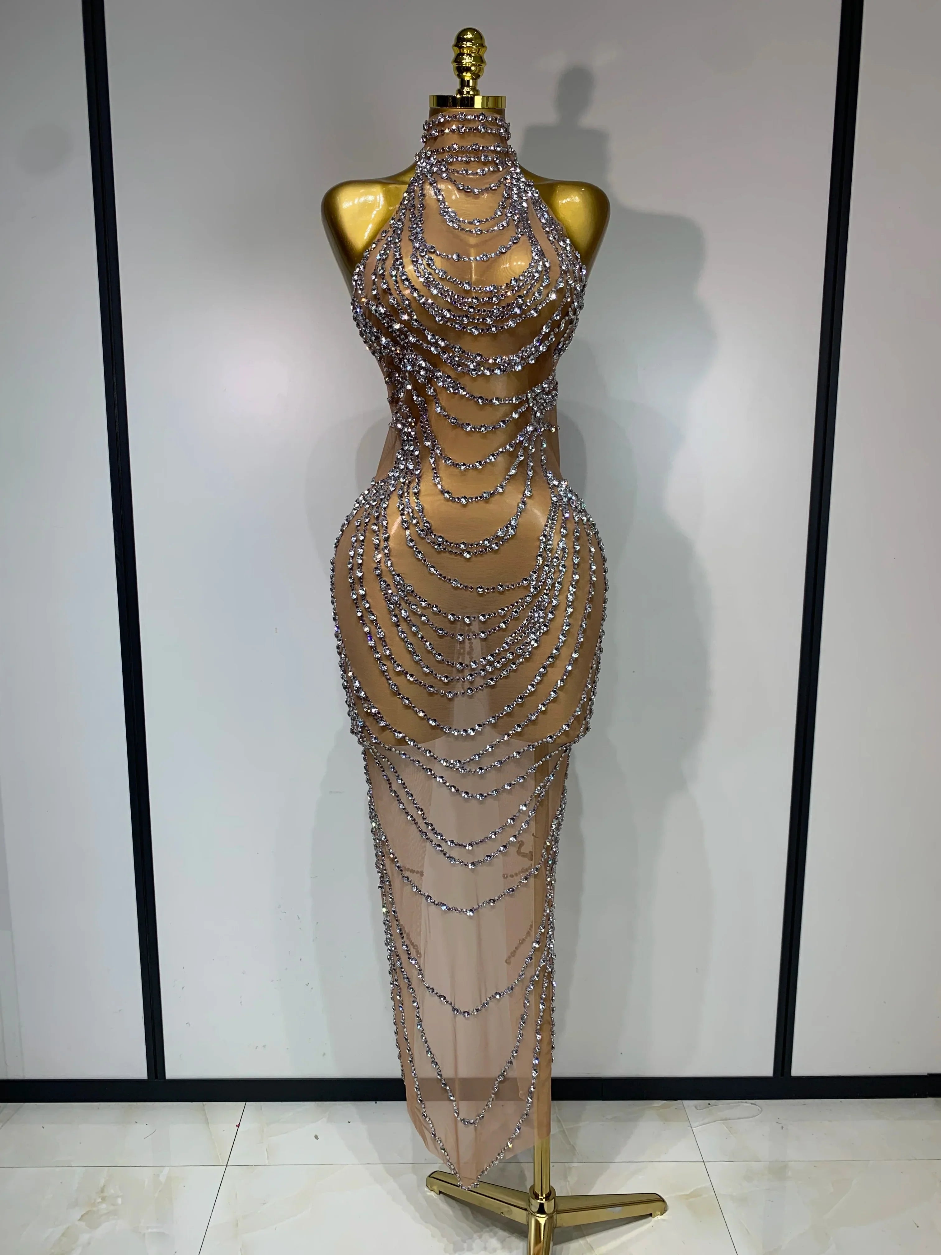 Luxury Rhinestone Sparkly Sexy Transparent Mesh Long Dress Women Birthday Party Gown Stage Singer Performance Costume Silver