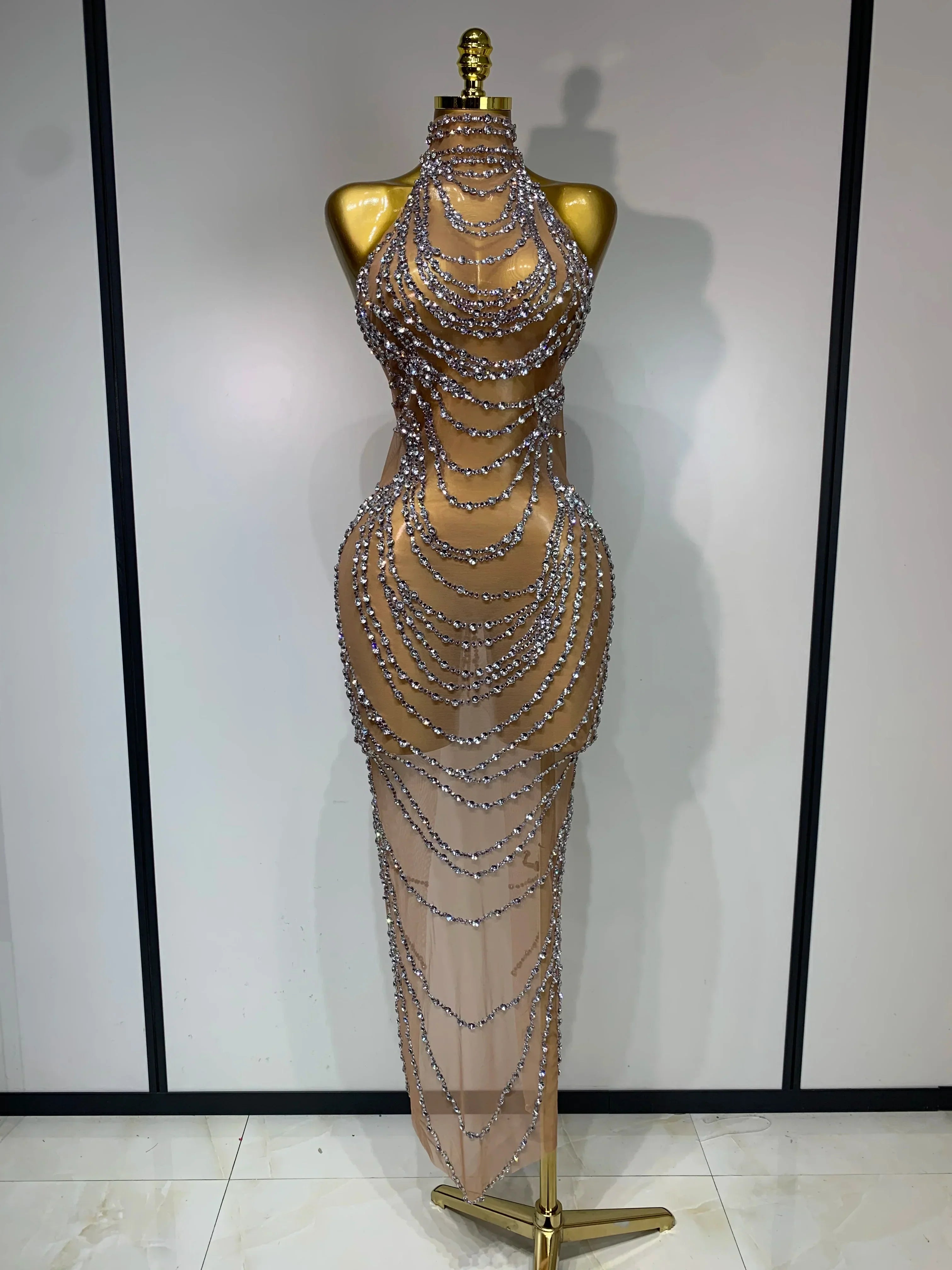 Sparkly Rhinestone Sexy Transparent Mesh Long Dress Women Luxury Birthday Club Party Gown Stage Singer Performance Costume Silver