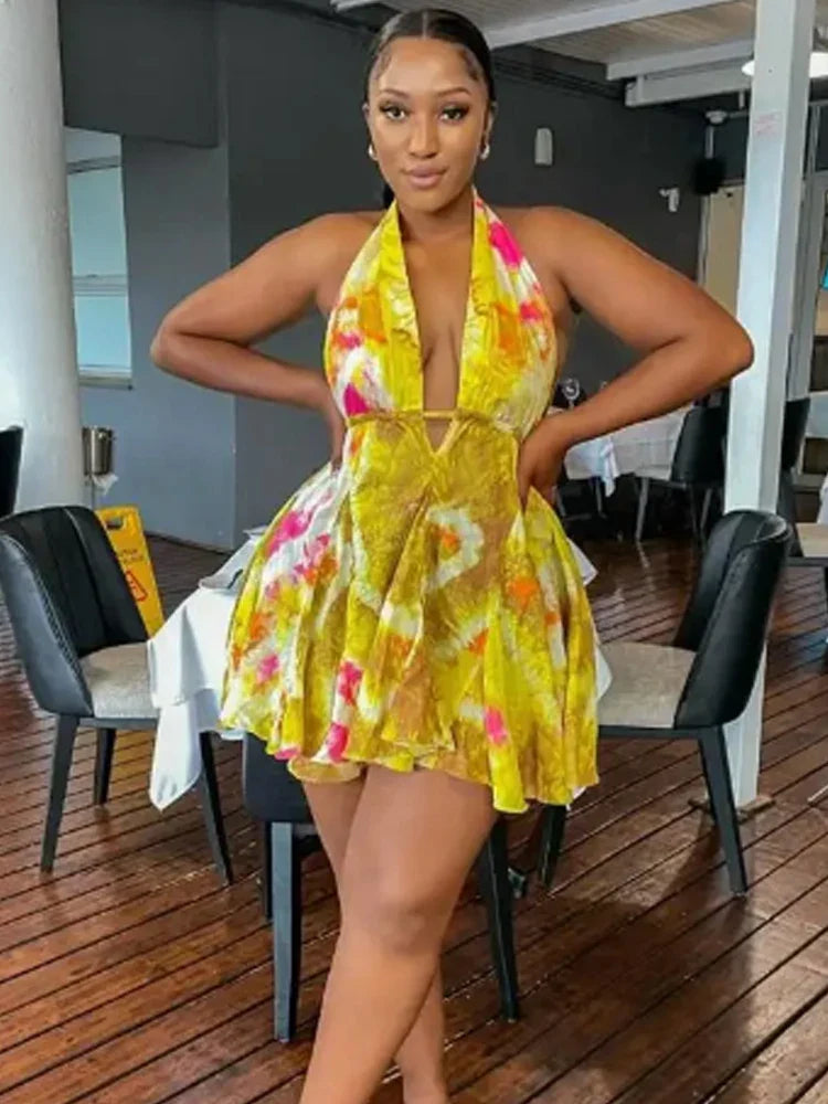 TieDye Halter Ruffle Hem Bandage Mini Dress