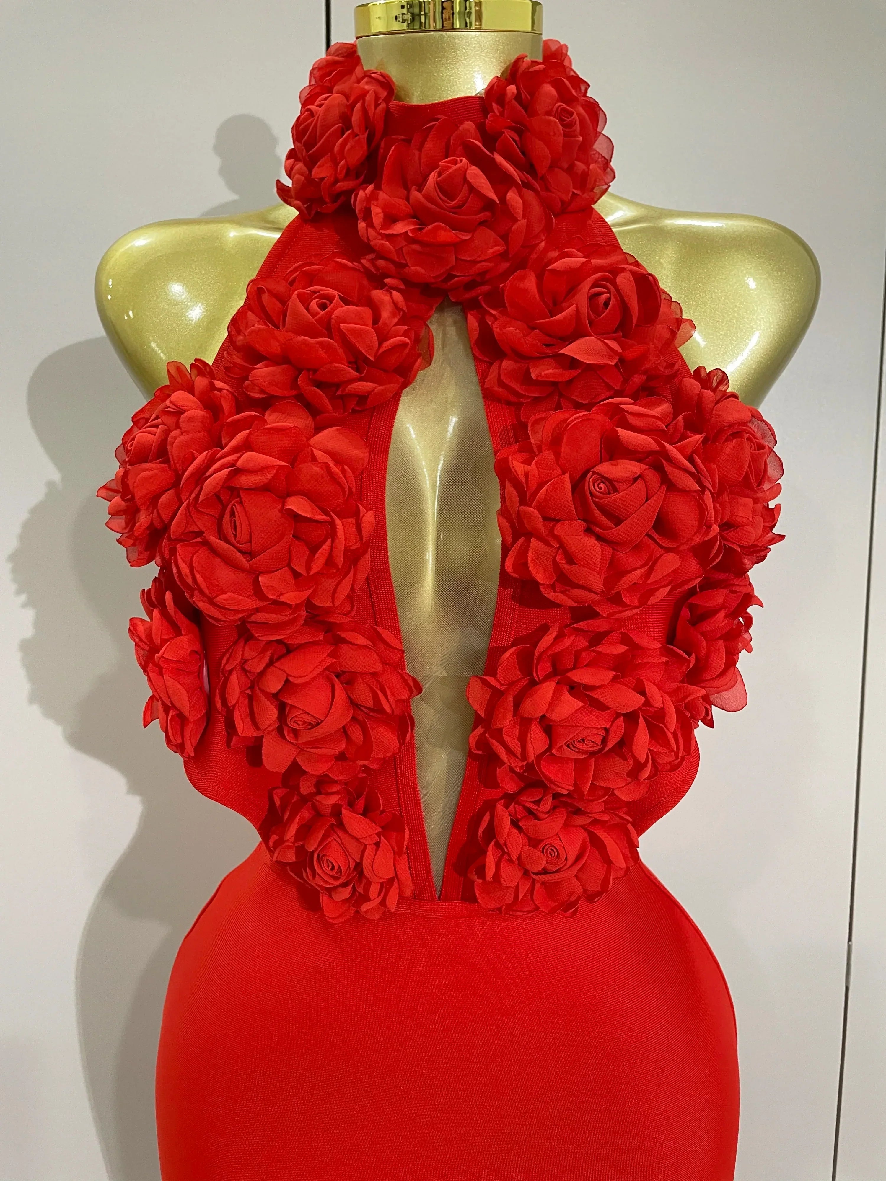 Women Celebrity Sexy Halter Backless Flower Long Bandage Bodycon Dress  Luxury Birthday Dress Elegant Evening Party Outfit